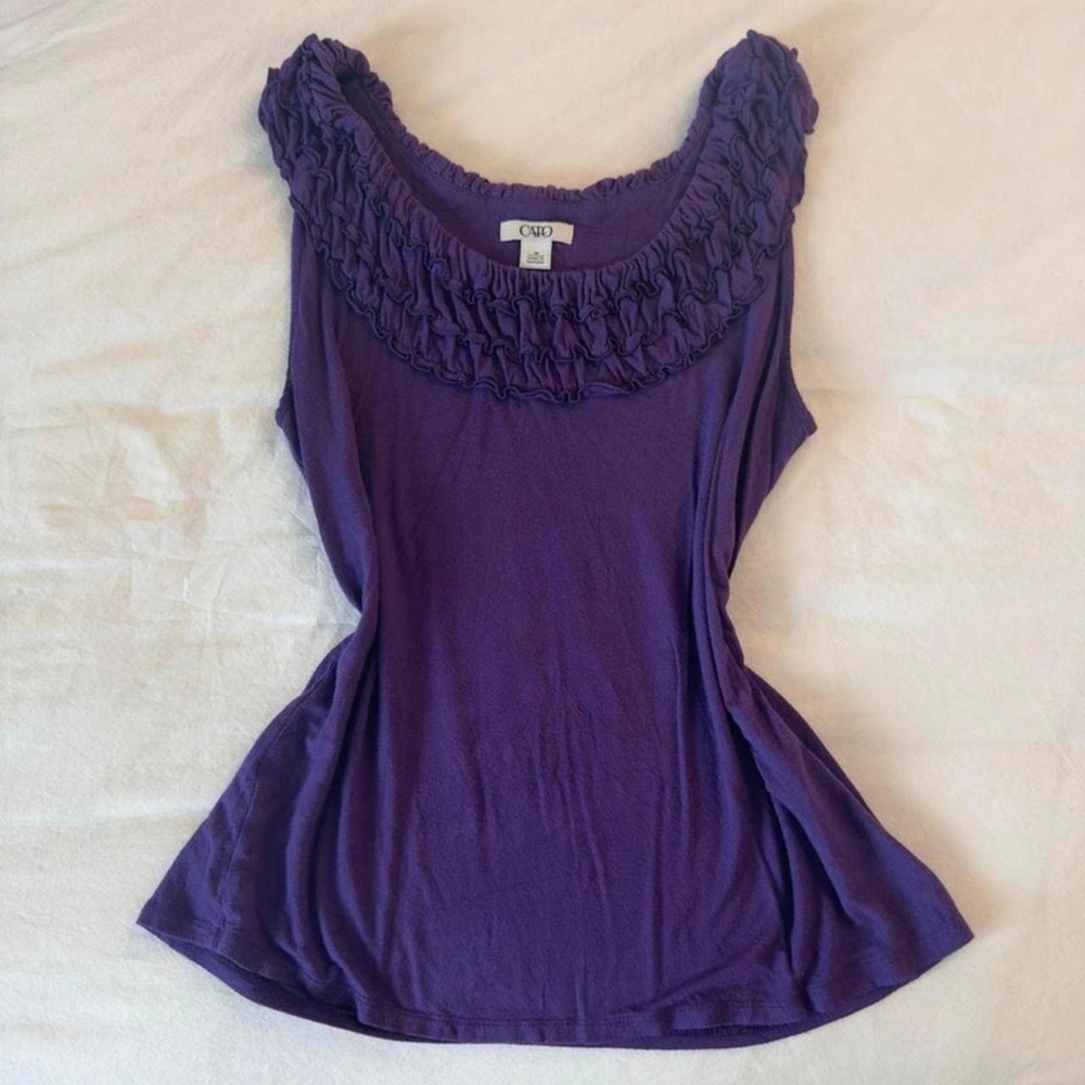Purple Y2K ruffle top with a flowy fit